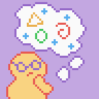 a simplistic drawing of the artist, deep in thought. the artist is a blobbish, yellow figure wearing crooked purple glasses. they are resting their hand on their face. there is a big thought bubble above them, filled with nonsensical shapes.