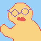 a self-portrait of the artist. it is a simplistic drawing of a blobbish yellow figure wearing crooked purple glasses, waving to the camera.