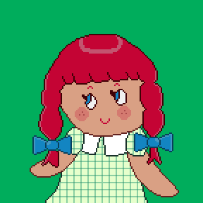 a portrait of a ragdoll. she has long red hair separated into two braids, tied off with ribbons. she wears a green gingham dress and has big blue eyes.
