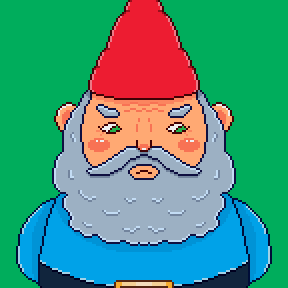 a portrait of a garden gnome. he has a big, fluffy grey beard, a tall red hat, and a big belly. he looks kind of grumpy.