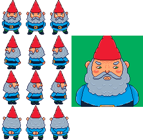 the new sprite design + portrait for mr. gnome. the features have become more natural and the colors more vivid and softer. the sprite has been drawn to be a bigger size than the original to allow more of the features to fit.