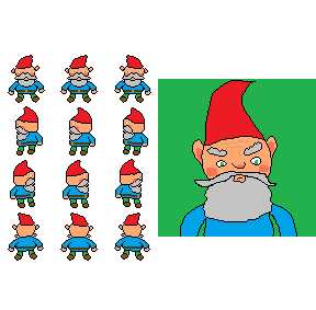 the original sprite design + portrait for mr. gnome. the features are stiff, and the colors are flat and unappealing.