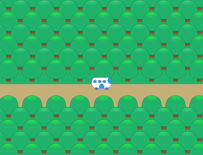a screenshot from the game of a bus driving down a path surrounded by trees.