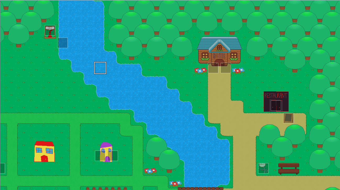 a screenshot from within the RPG Maker editor that shows a bit of the town. on the right side, you can see a hotel, an unfinished restaurant, and a bus stop, all surrounded by trees. separated by a river, you can see some homes in the residential area on the lower left side.