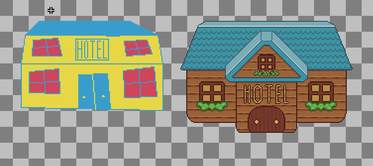 a screenshot of my old tiles for the hotel vs the new ones. the old hotel is very flat and crudely drawn with a bright yellow exterior and blue roof. the new one has a softer brown exterior and finer details, such as texture, shading, perspective, and additions such as plants to the windows.