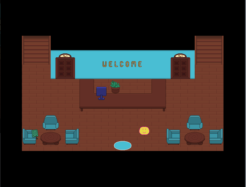 a screenshot of the hotel lobby. there is a receptionist desk at the center, with elevators to the left and right of it. on the lower portion of the screen, you can see tables with blue armchairs. on one of the armchairs, you can see one of the characters sitting on it--they look like a dollar bill with legs.