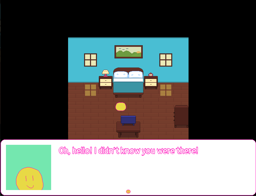 a screenshot of smiley in one of the hotel rooms. a text box is on screen, showing his face as he says: 'oh, hello! I didn't know you were there!' it looks like he's talking to the bed.